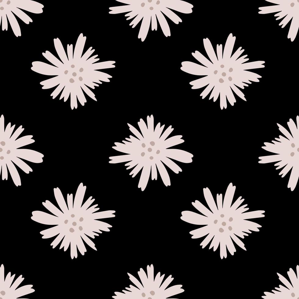 Geometric daisy pattern in doodle style on black background. Chamomile flowers seamless pattern. vector