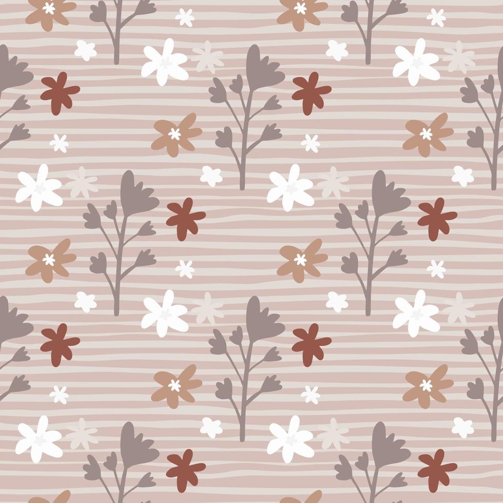 Pastel spring seamless pattern with floral branches and chamomile flowers. Stripped backdrop. Brown, beige, burgundy tones. vector