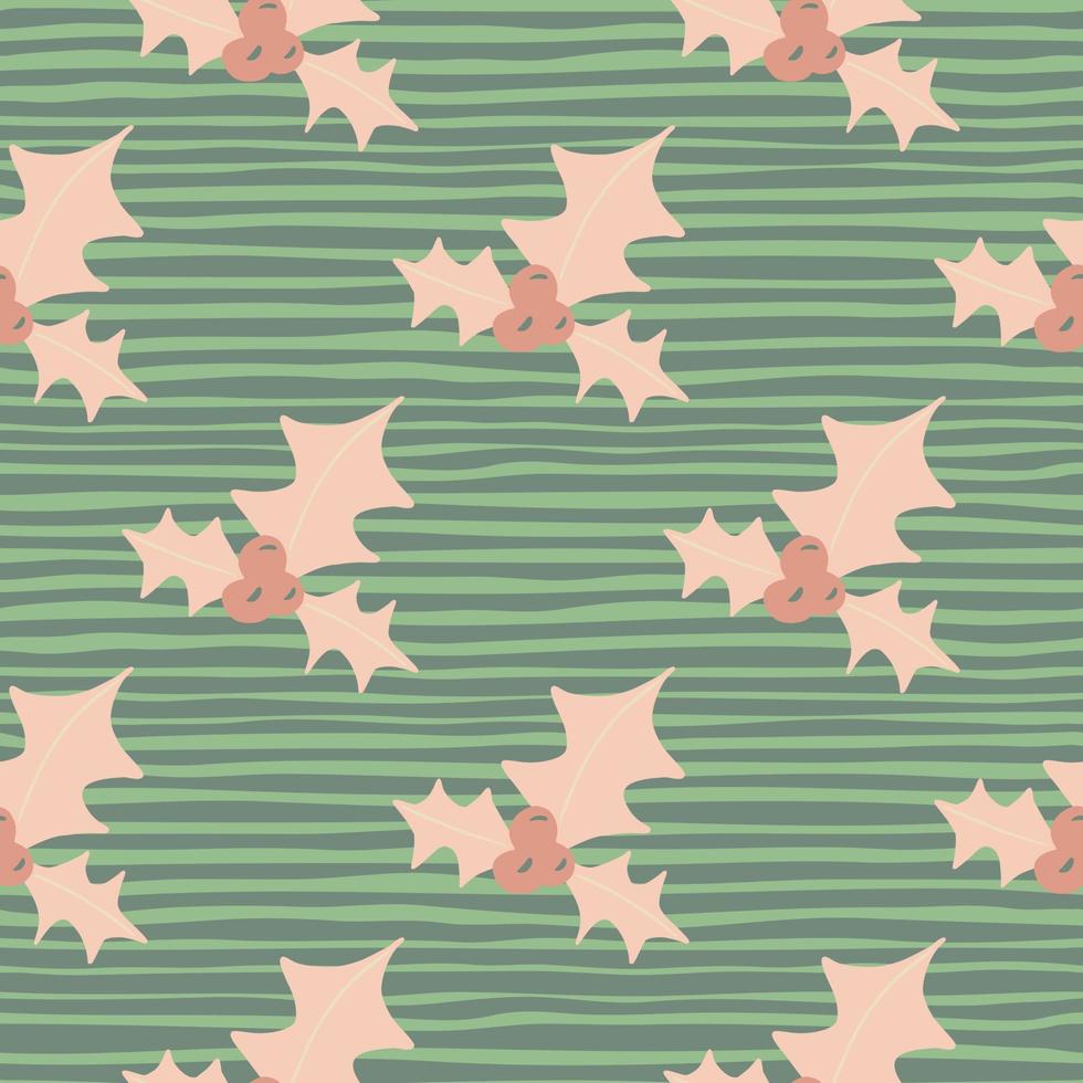 muérdago rosa vintage xmas silhouetes de patrones sin fisuras. fondo verde despojado. impresión festiva dibujada a mano de año nuevo. vector