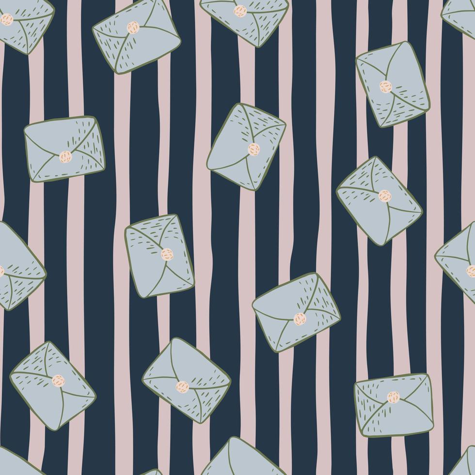 Seamless pattern with random blue postal cards ornament. Simple letters on striped background. vector