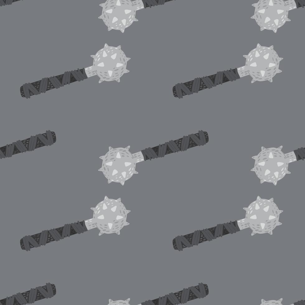 Seamless pale pattern with doodle mace silhouettes. Medieval war elements on grey background. Weapon backdrop. vector