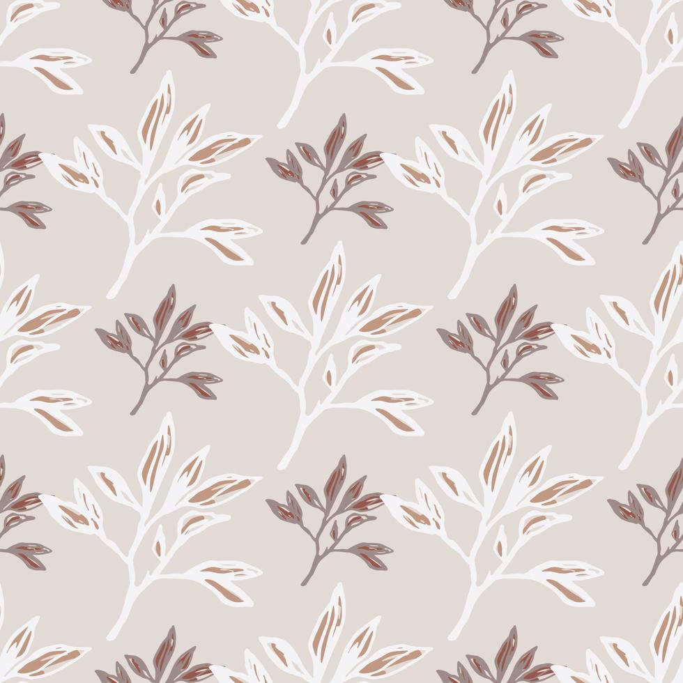 Foliage contoured branches doodle seamless pattern. White and purple outline ornament on light background. vector