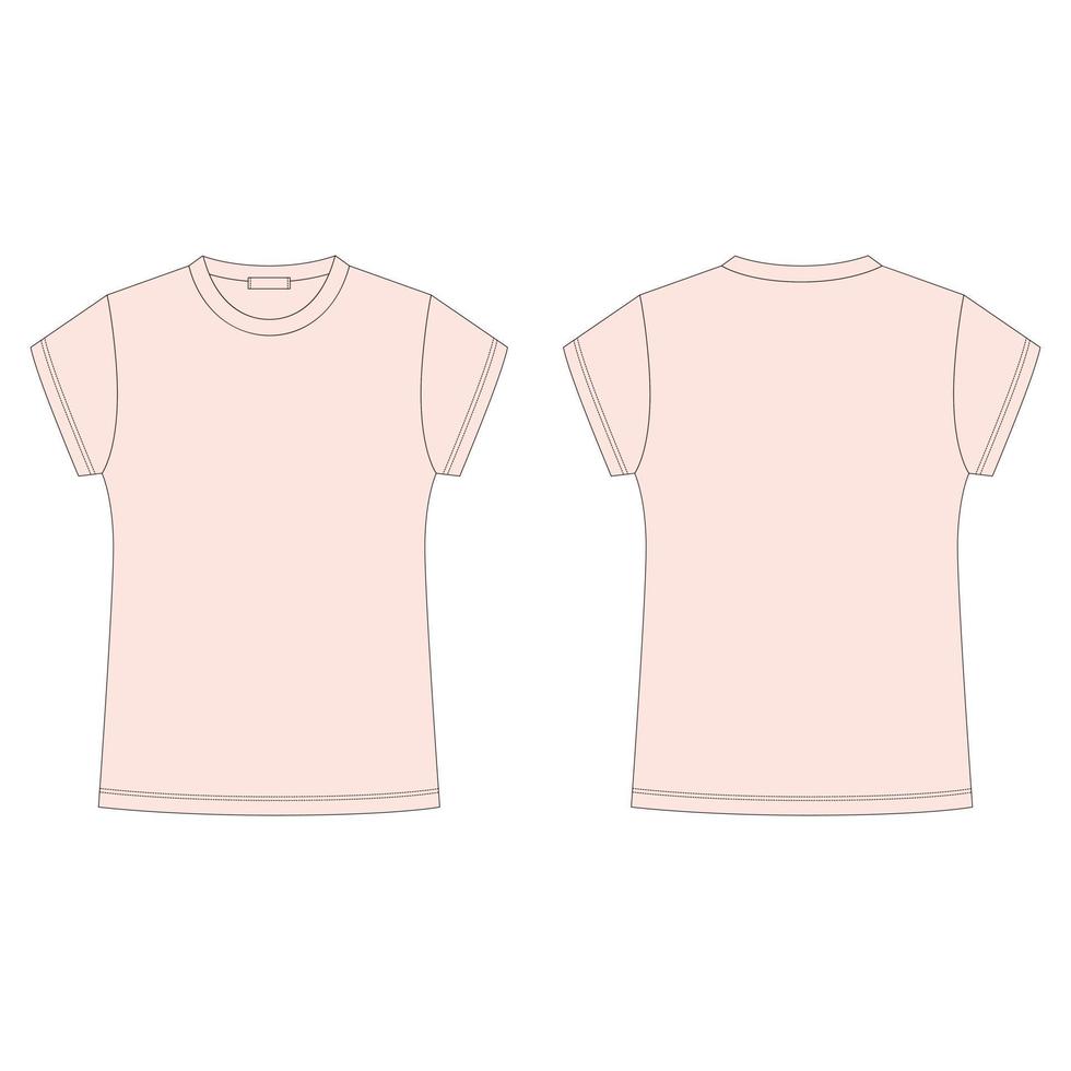 Childrens pink t-shirt blank template isolated on white background. Technical sketch tee shirt. vector