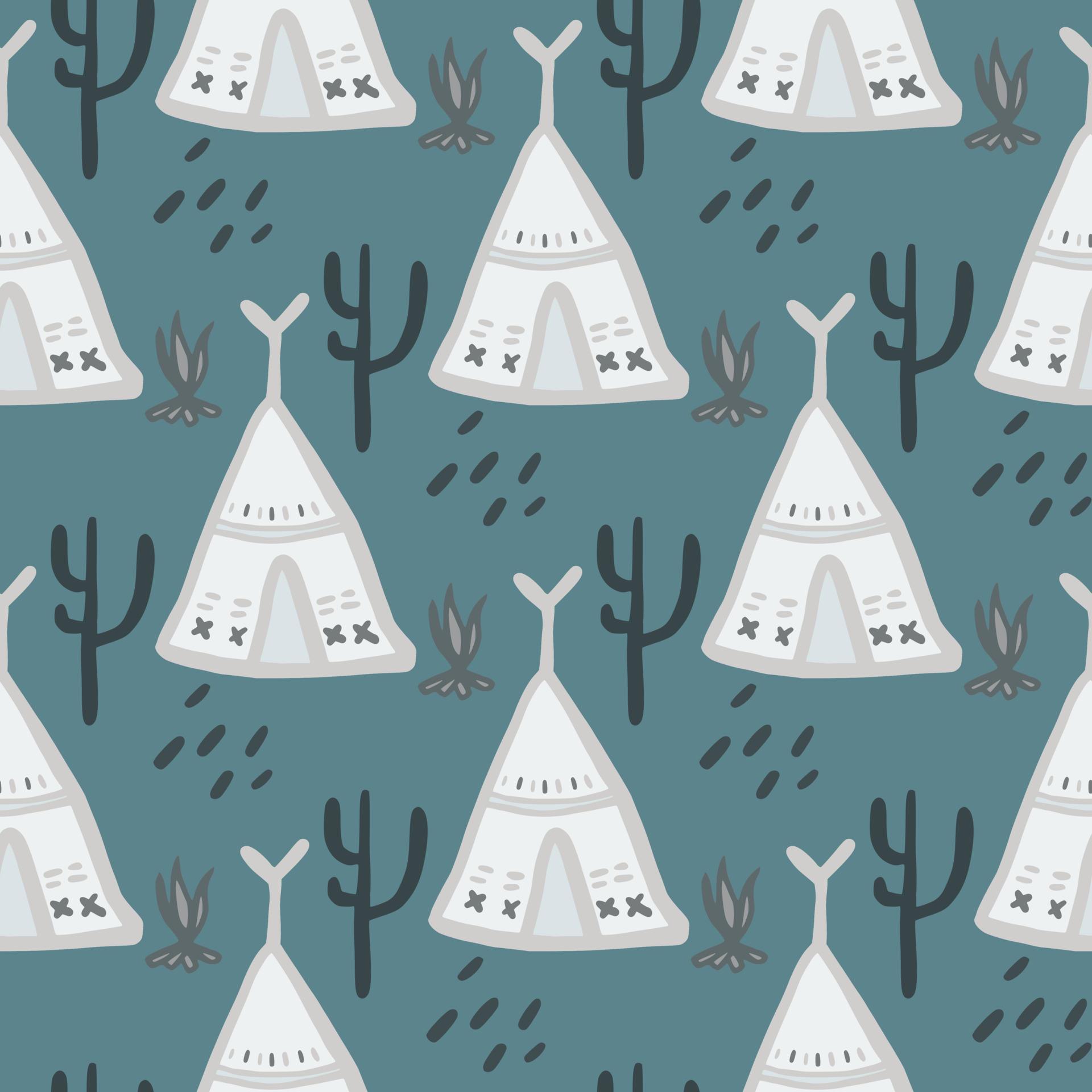 Cute teepee seamless pattern on green background. Native style. Tribal