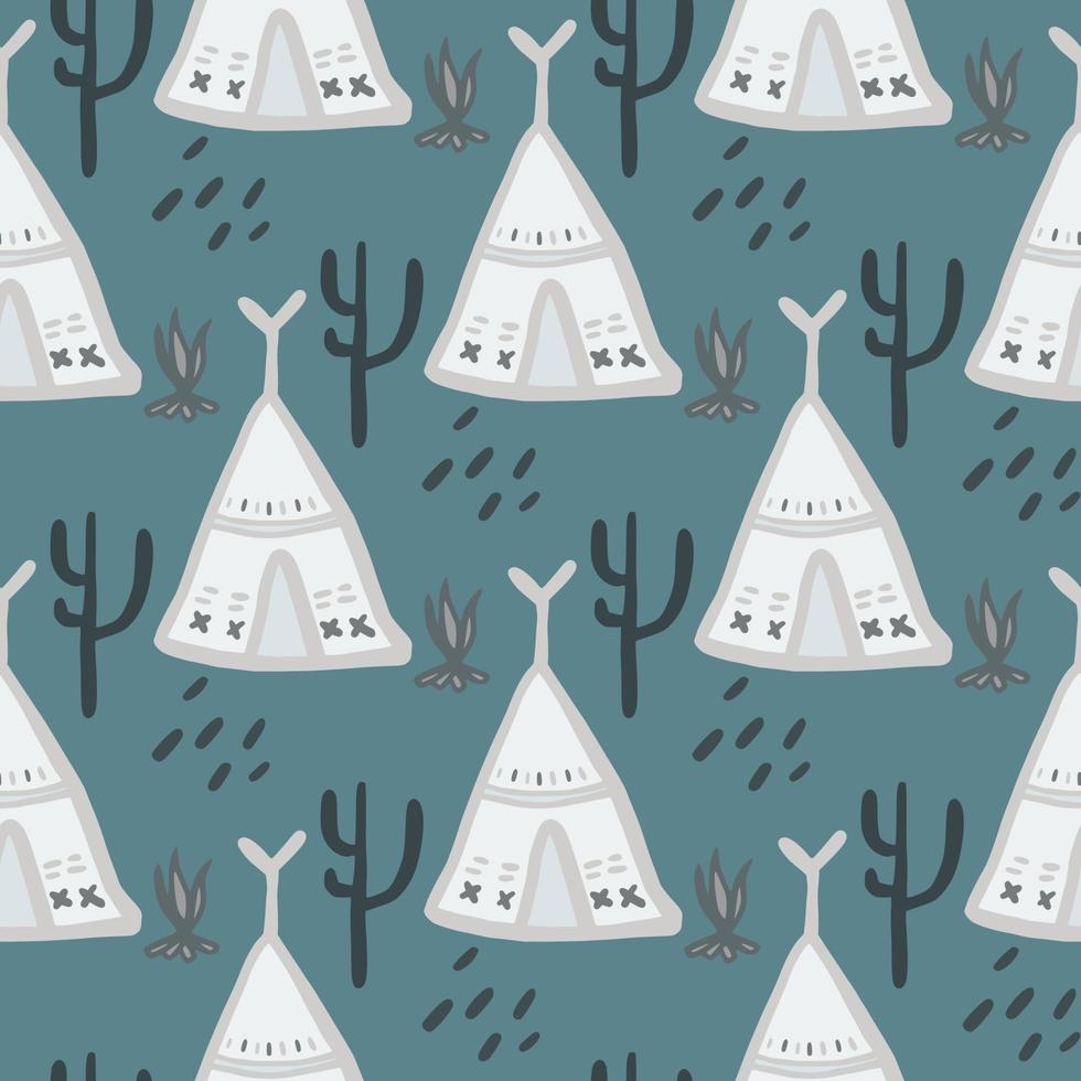 Cute teepee seamless pattern on green background. Native style. Tribal wallpaper. vector