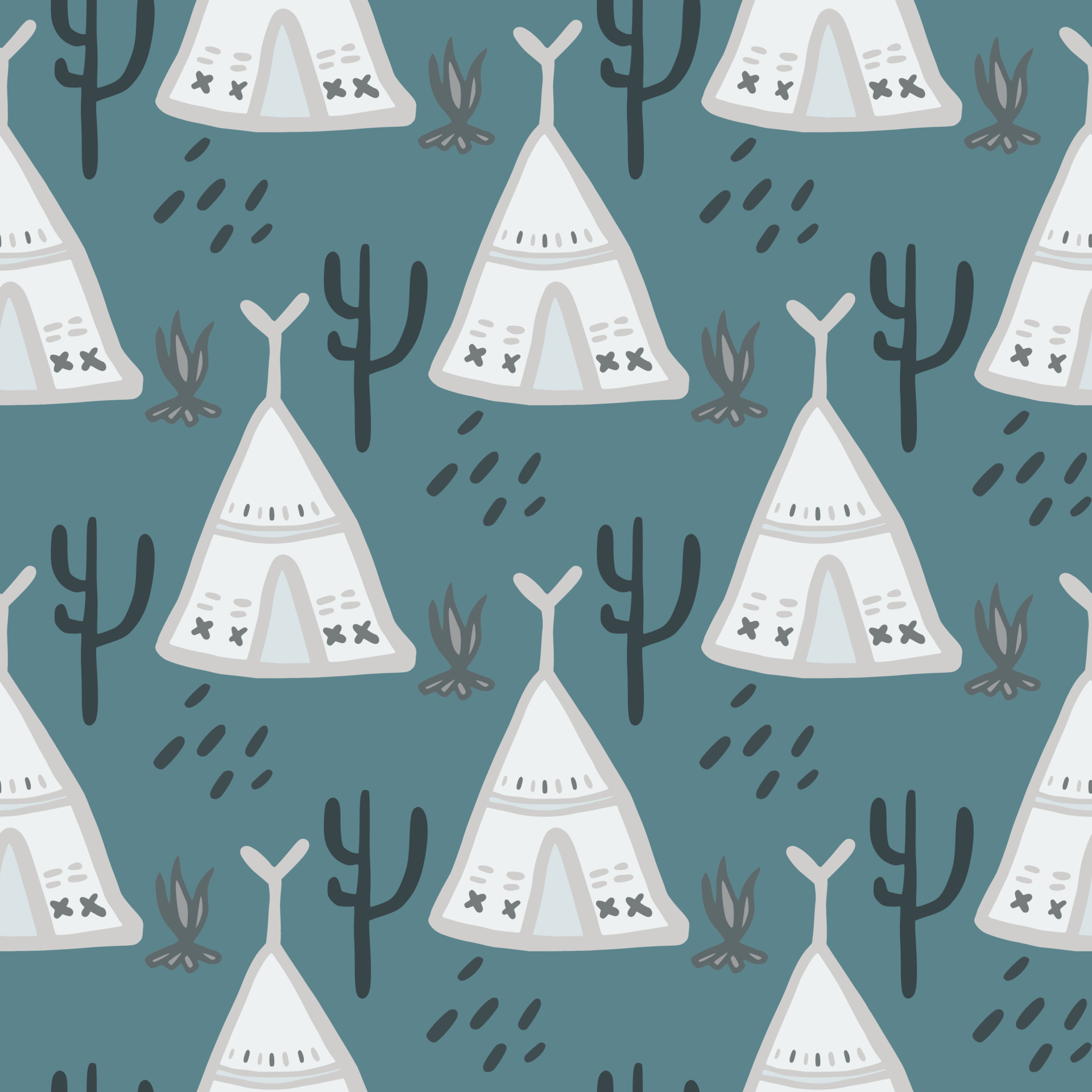 Cute teepee seamless pattern on green background. Native style. Tribal