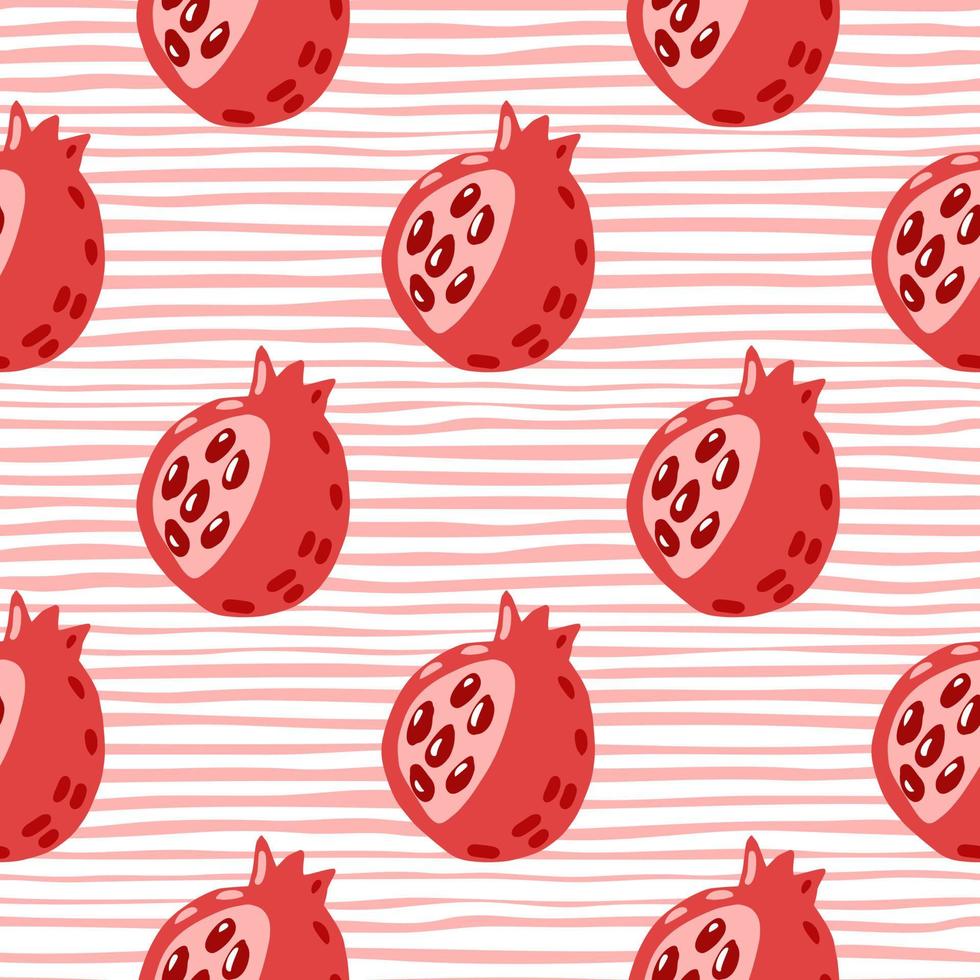 Abstract garnet elements seamless pattern. Doodle fruit ornament in red colors on stripped background. vector