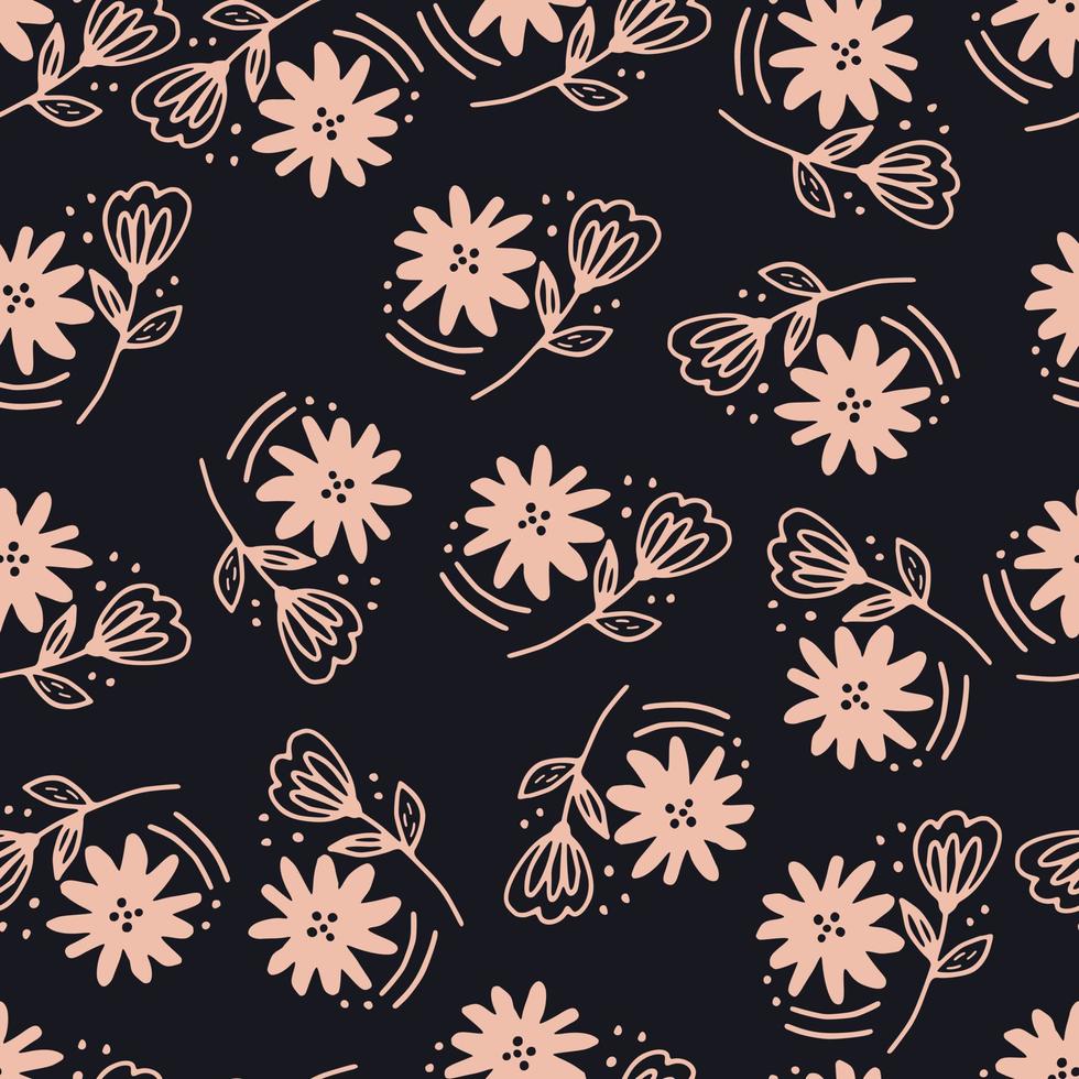 Abstract flower seamless pattern in line art style on black background. Doodle floral wallpaper. vector