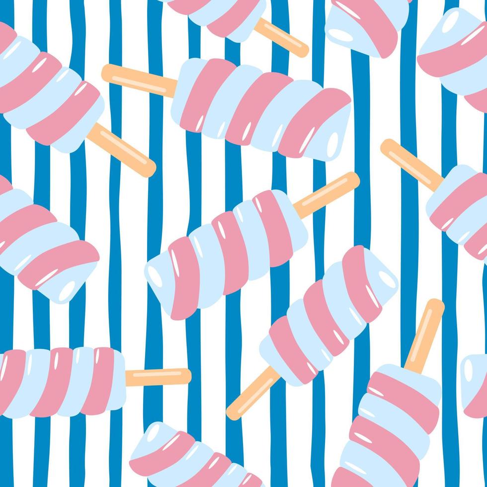 Random spiral pink ice cream seamless pattern. White background with blue lines. vector