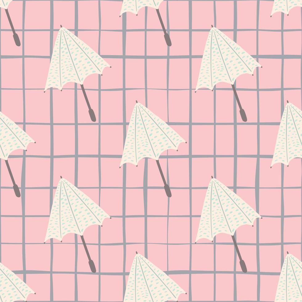 patrón de garabato sin costuras de paleta pastel con siluetas de paraguas. fondo rosa a cuadros. vector