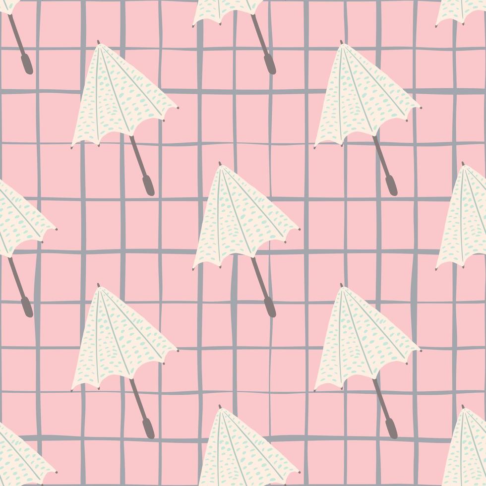 Pastel palette seamless doodle pattern with umbrella silhouettes. Pink chequered background. vector