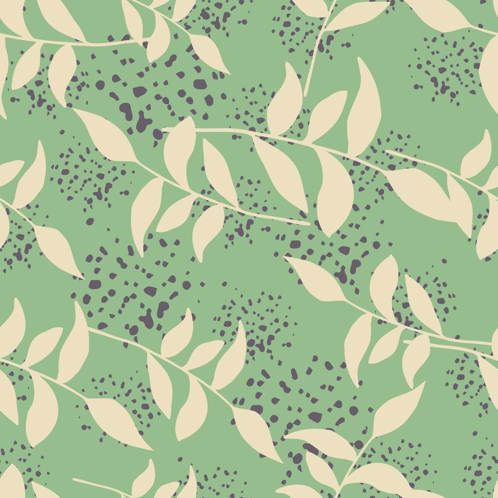Random vintahe branch leafs seamless pattern. Light yellow foliage on green backkground with splashes. vector