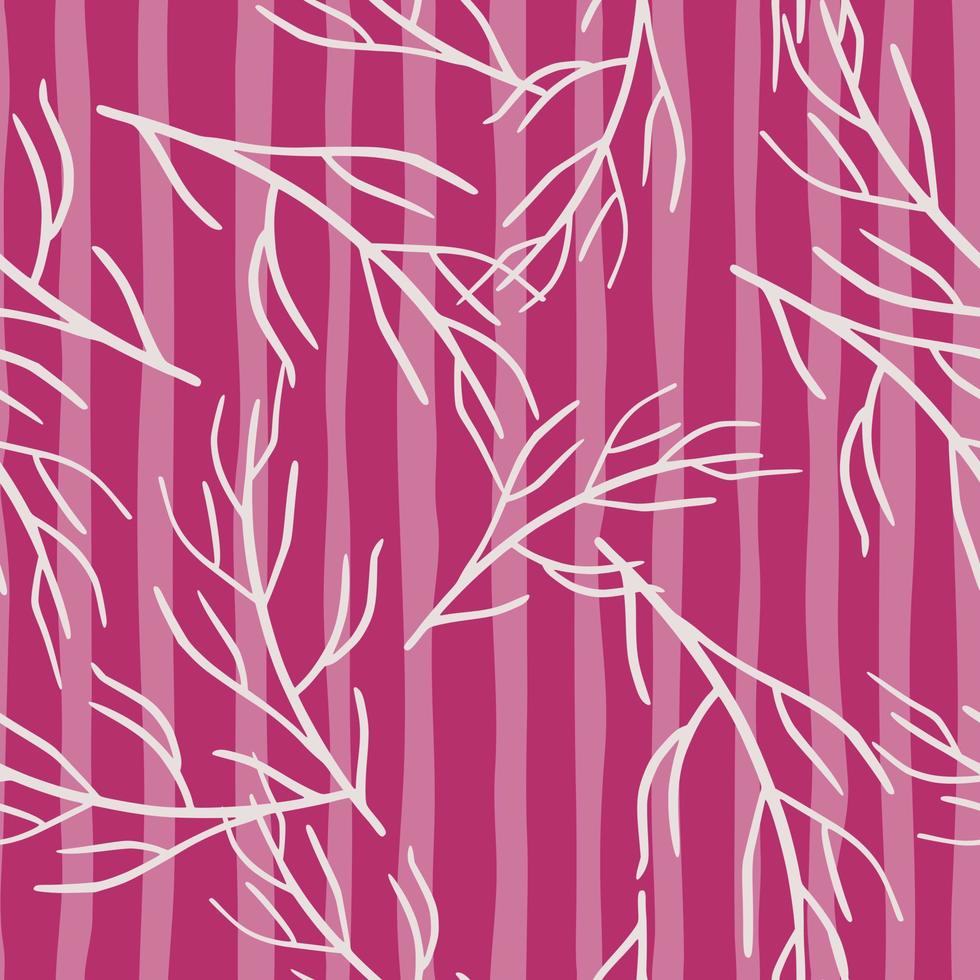 Nature bright seamless pattern with white random branches shapes print. Pink striped background. Doodle backdrop. vector