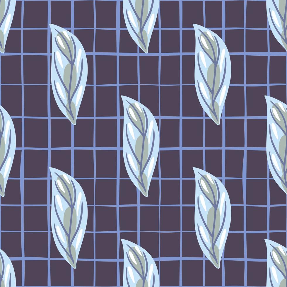 Blossom seamless pattern with hand drawn light blue contoured leaf shapes. Purple background with check. vector