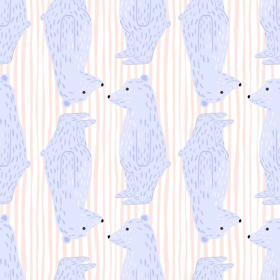 Zoo seamless doodle pattern with hand drawn light blue polar bear silhouettes print. Striped background. vector