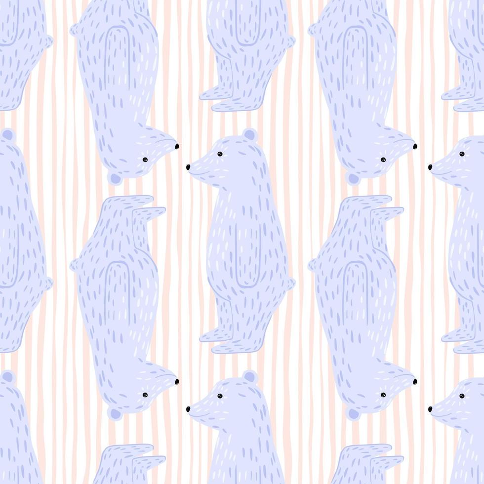 Zoo seamless doodle pattern with hand drawn light blue polar bear silhouettes print. Striped background. vector