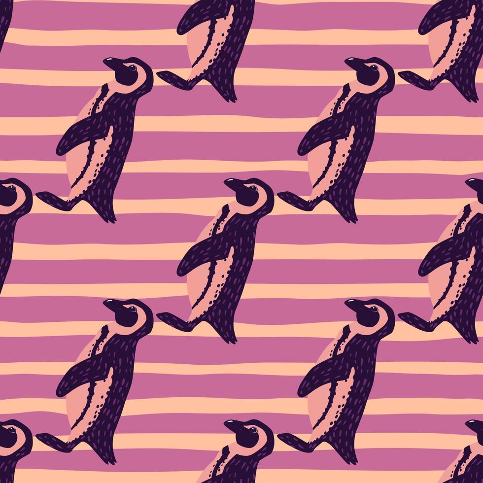 Creative seamless patten in doodle style with simple purple colored penguins shapes. Pink striped background. vector