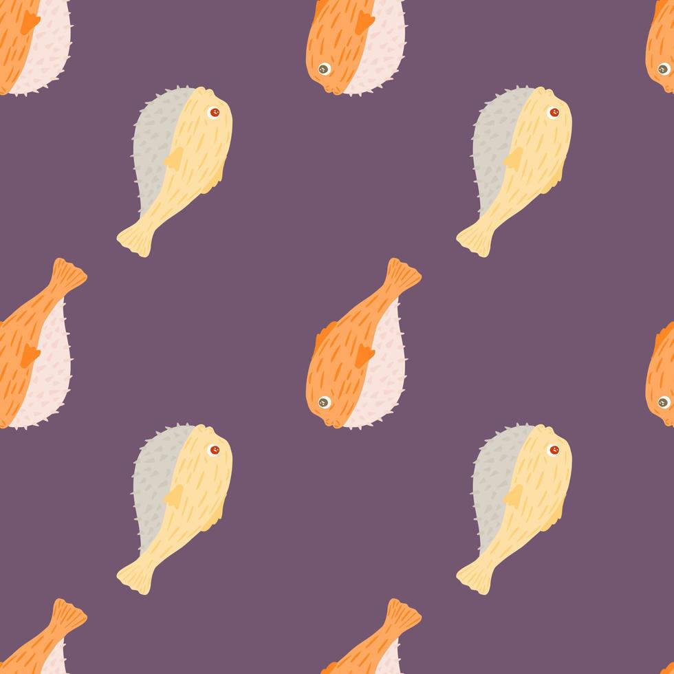 patrón sin costuras de vida marina de estilo minimalista con lindo adorno de pez fugu naranja. fondo pastel morado. vector