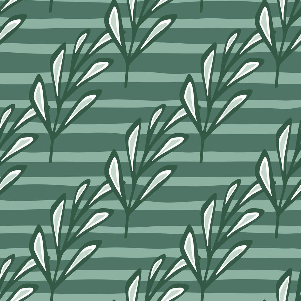 Outline stylized branches foliage seamless doodle pattern. Turquoise green striped background. Decor print. vector
