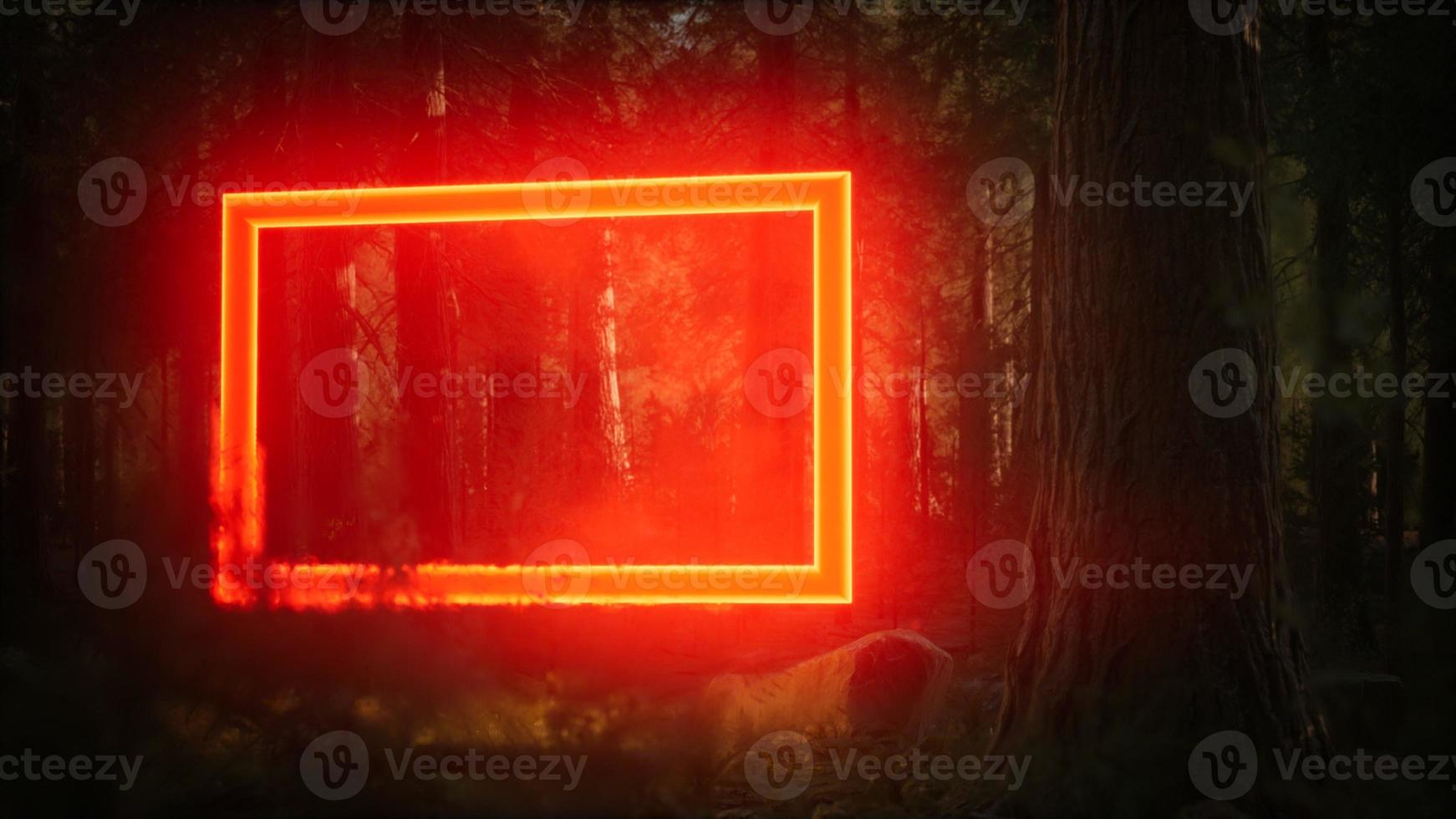 Neon glowing rectangle frame in the night forest photo