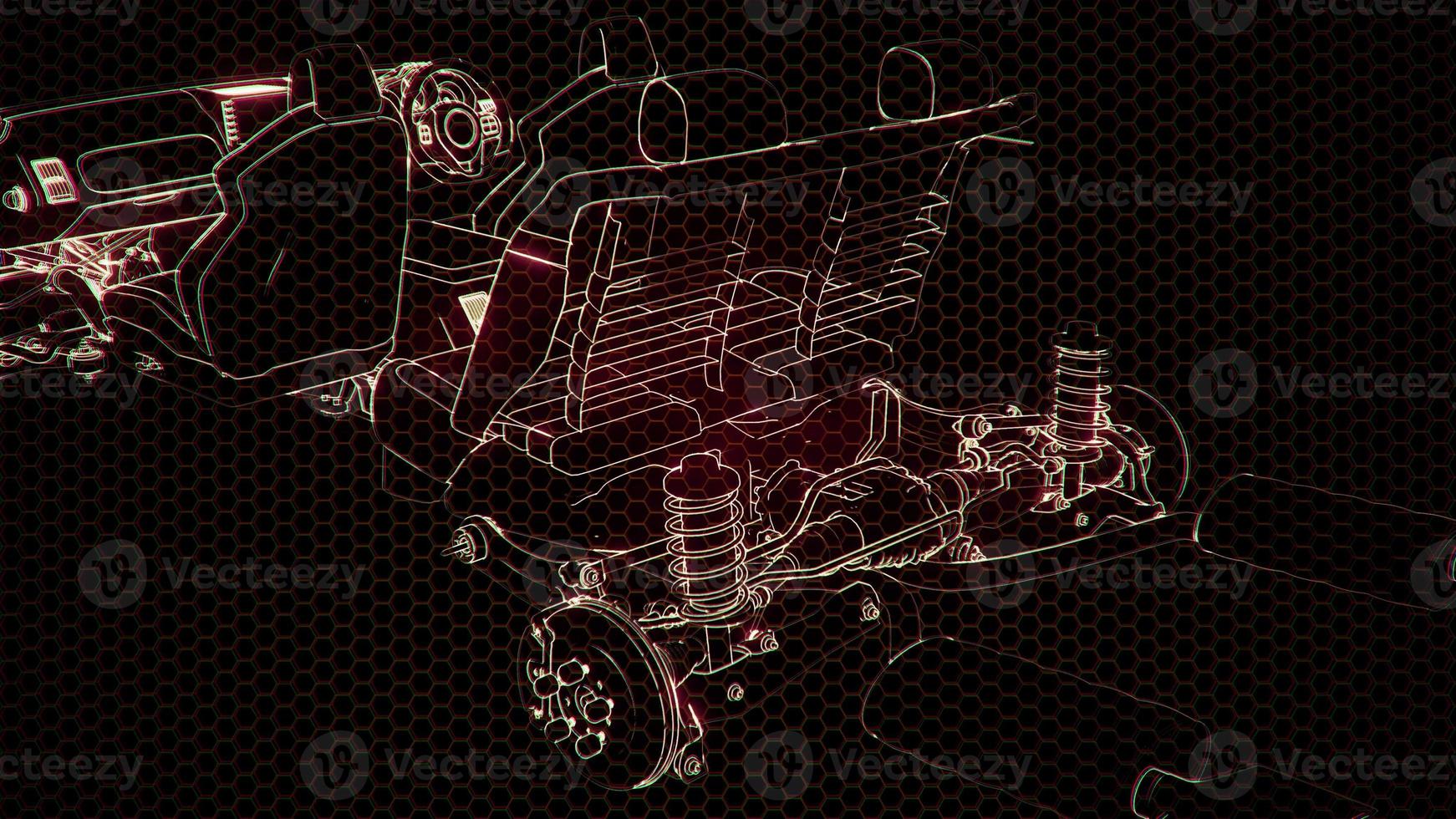 Holographic animation of 3D wireframe car model with engine photo