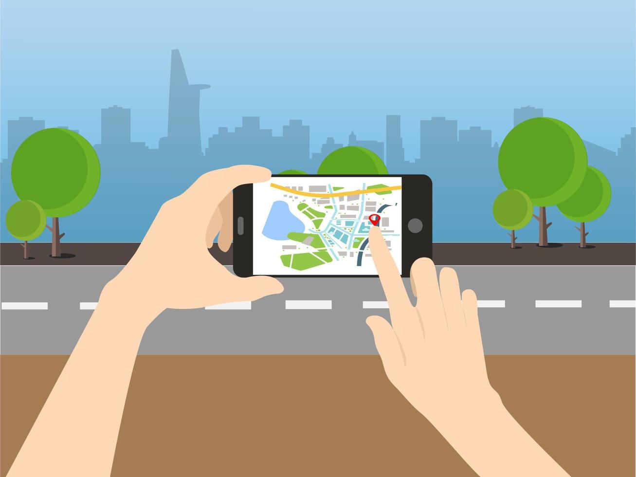 A woman holding a black smartphone with a GPS navigation map application to get to the destination you want. vector