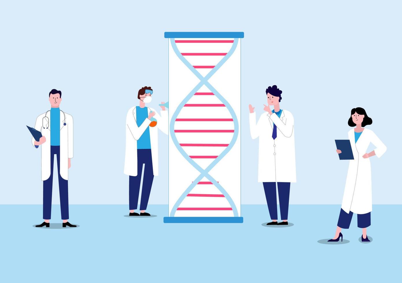 DNA genetic engineering presentation of scientists. Vector illustration flat cartoon poster banner