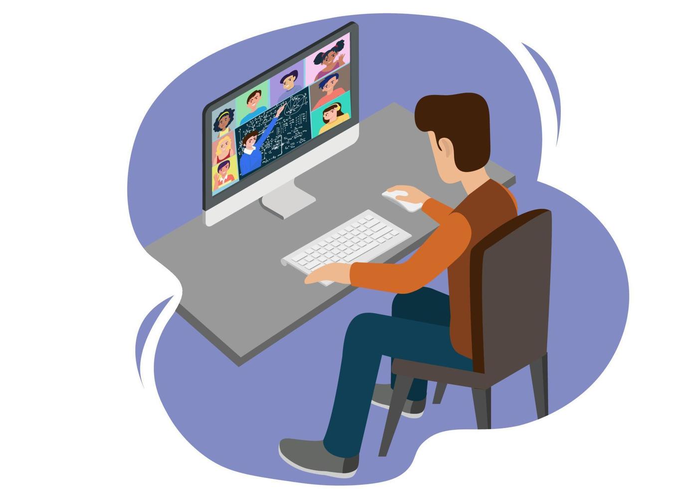 Online learning From home studying through Video Conference during COVID-19 outbreak vector flat style cartoon illustration