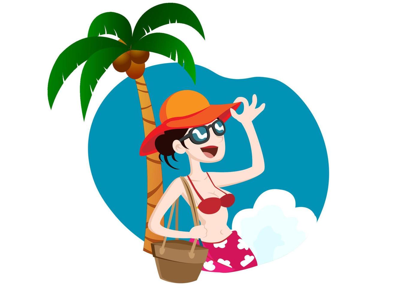 mujer joven relajándose en bikini rojo y sombrero de ala, caminando en la playa tomando el sol. vacaciones de verano junto al mar hermosa chica consiguiendo una piel bronceada vector