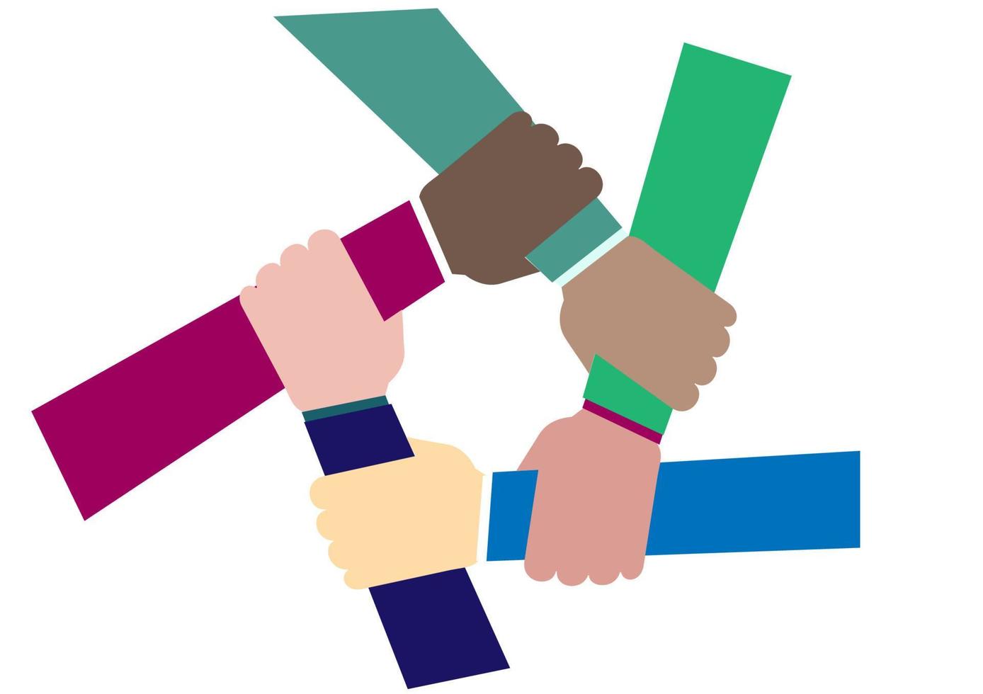 Unity, holding hands with each other, forms a circle of ethnic diversity. Vector different group of people holding hands Support and partnership, cooperation, friendship in social activism.