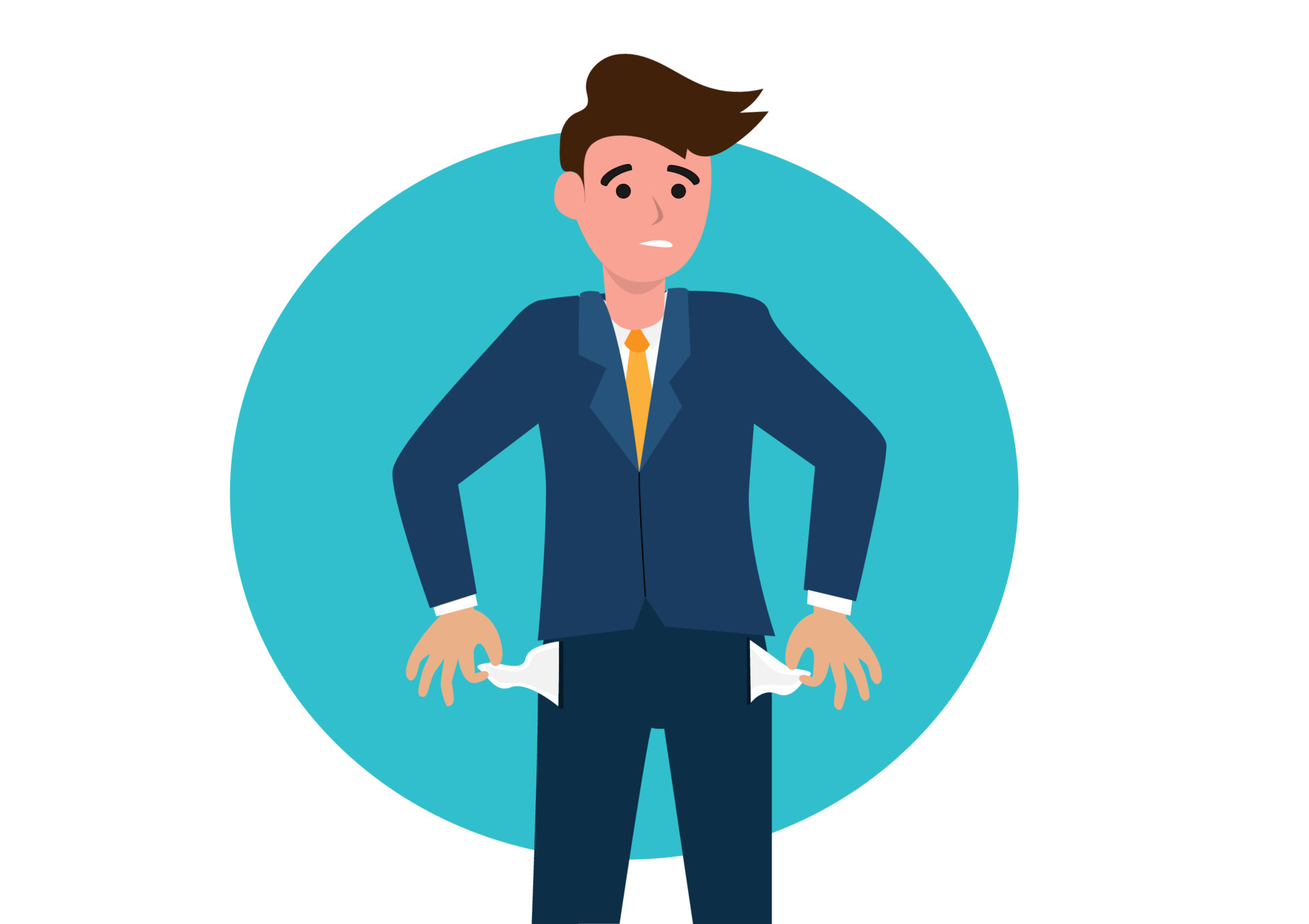 The poor businessman shows off his empty trouser pocket. Flat style