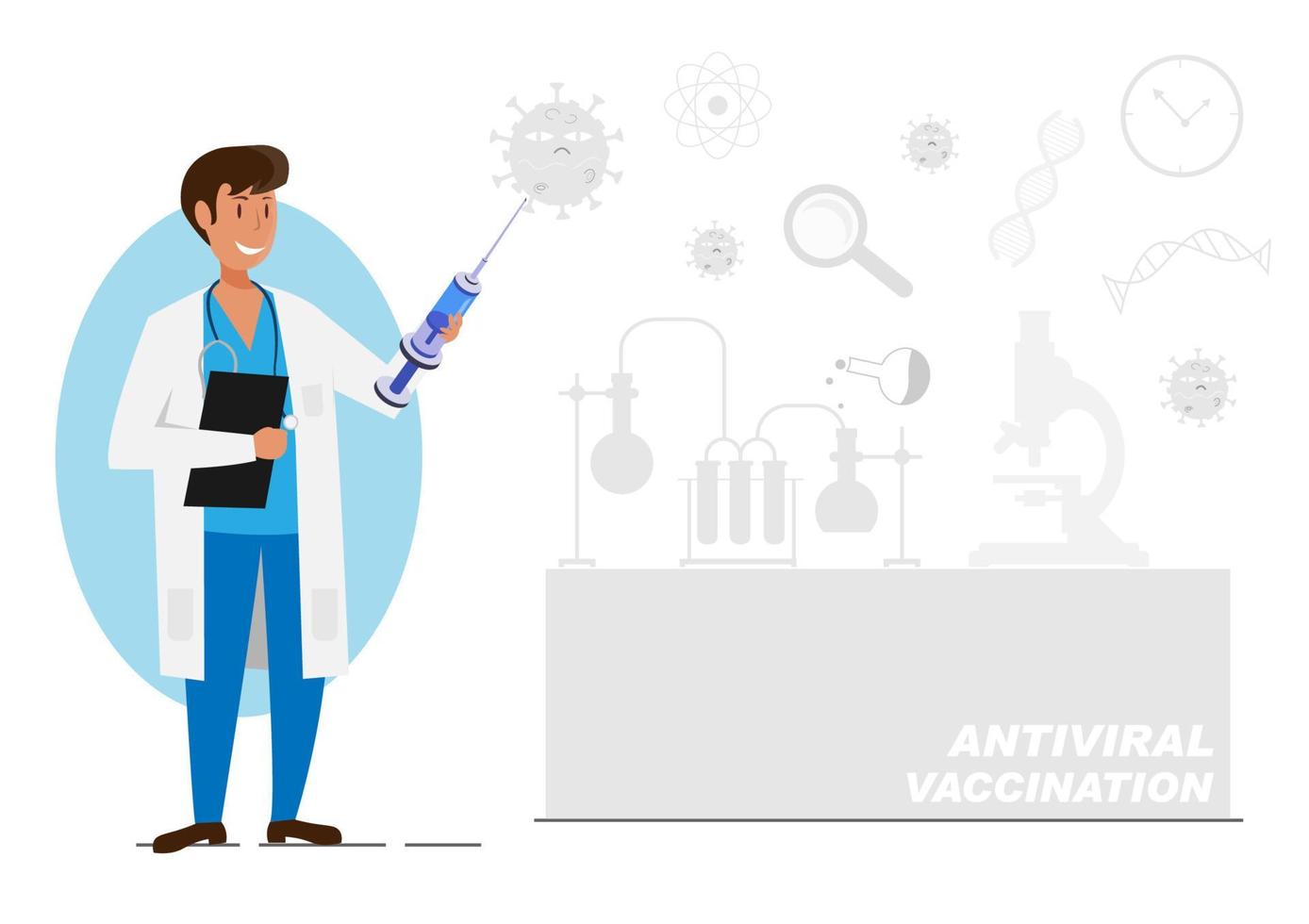 Scientists around the world are researching the coronavirus. To prevent the outbreak Flat style cartoon illustration vector