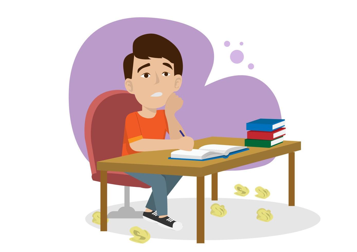 The male student sat on the table with books beside him. He could not think of work, causing a bad mood. Flat style cartoon illustration vector