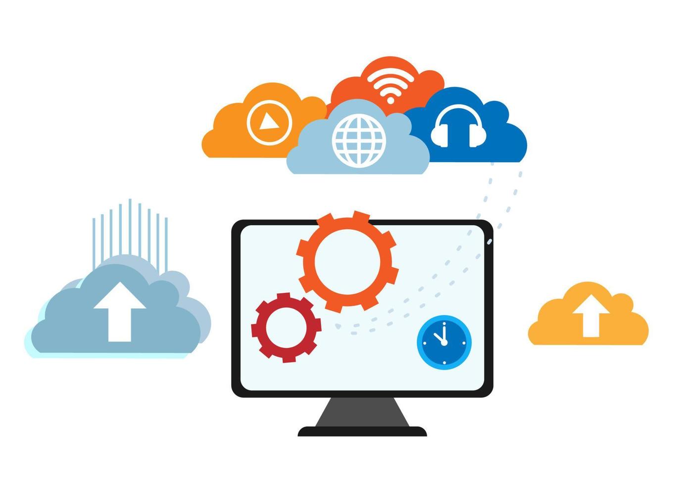 Composition concept of cloud computing Cloud Connected Devices With Gears Flat Vector Illustration