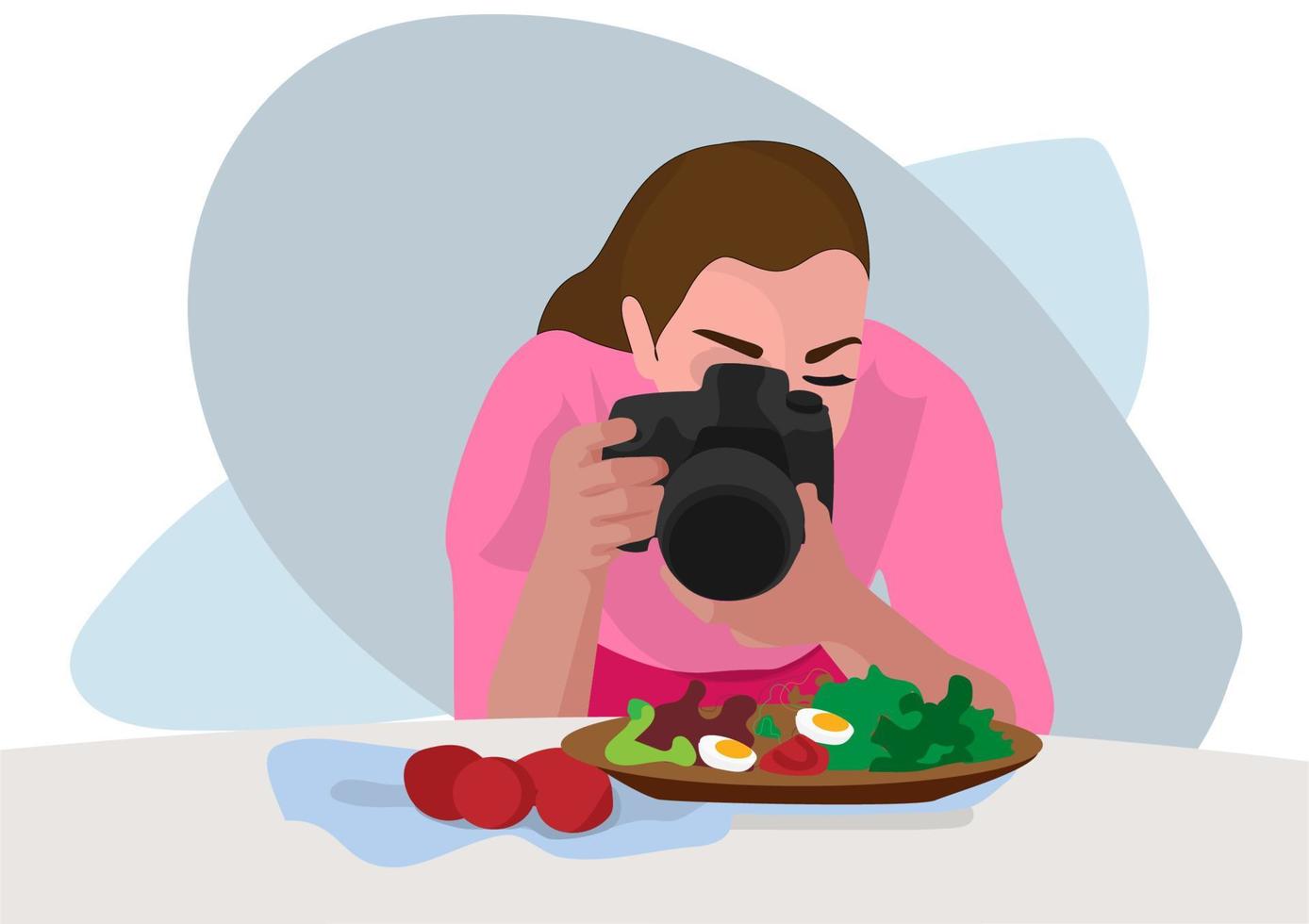 female blogger cooking and take pictures of food with a camera to be featured on her list. Flat style cartoon illustration vector