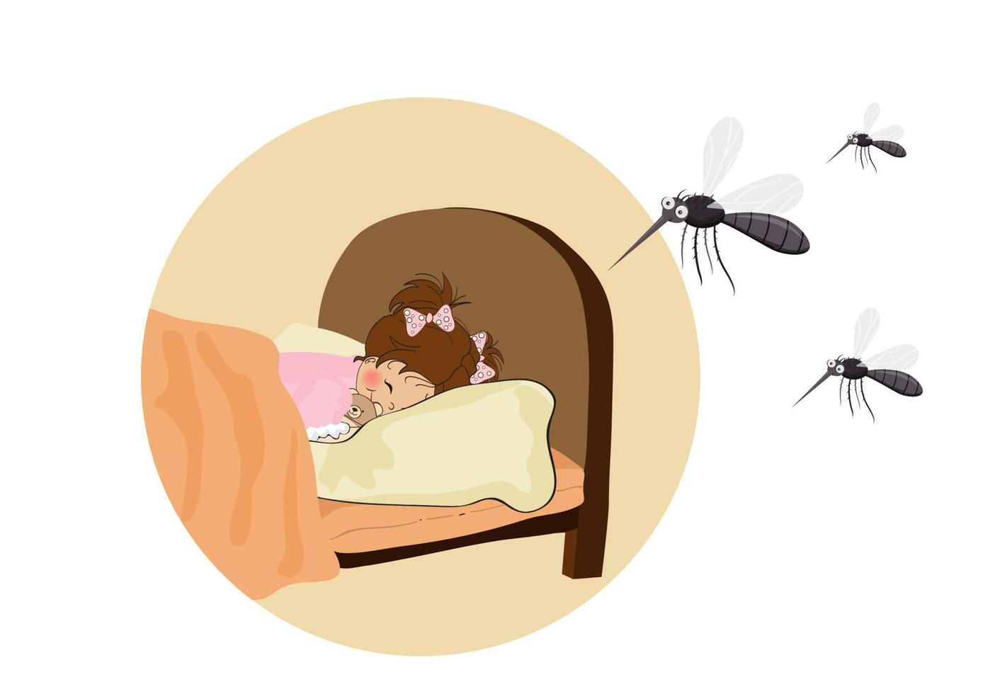 en la casa y en el dormitorio con los niños hay que tener cuidado con los  mosquitos que transmiten el dengue. vector de ilustración de dibujos  animados de estilo plano 5607854 Vector