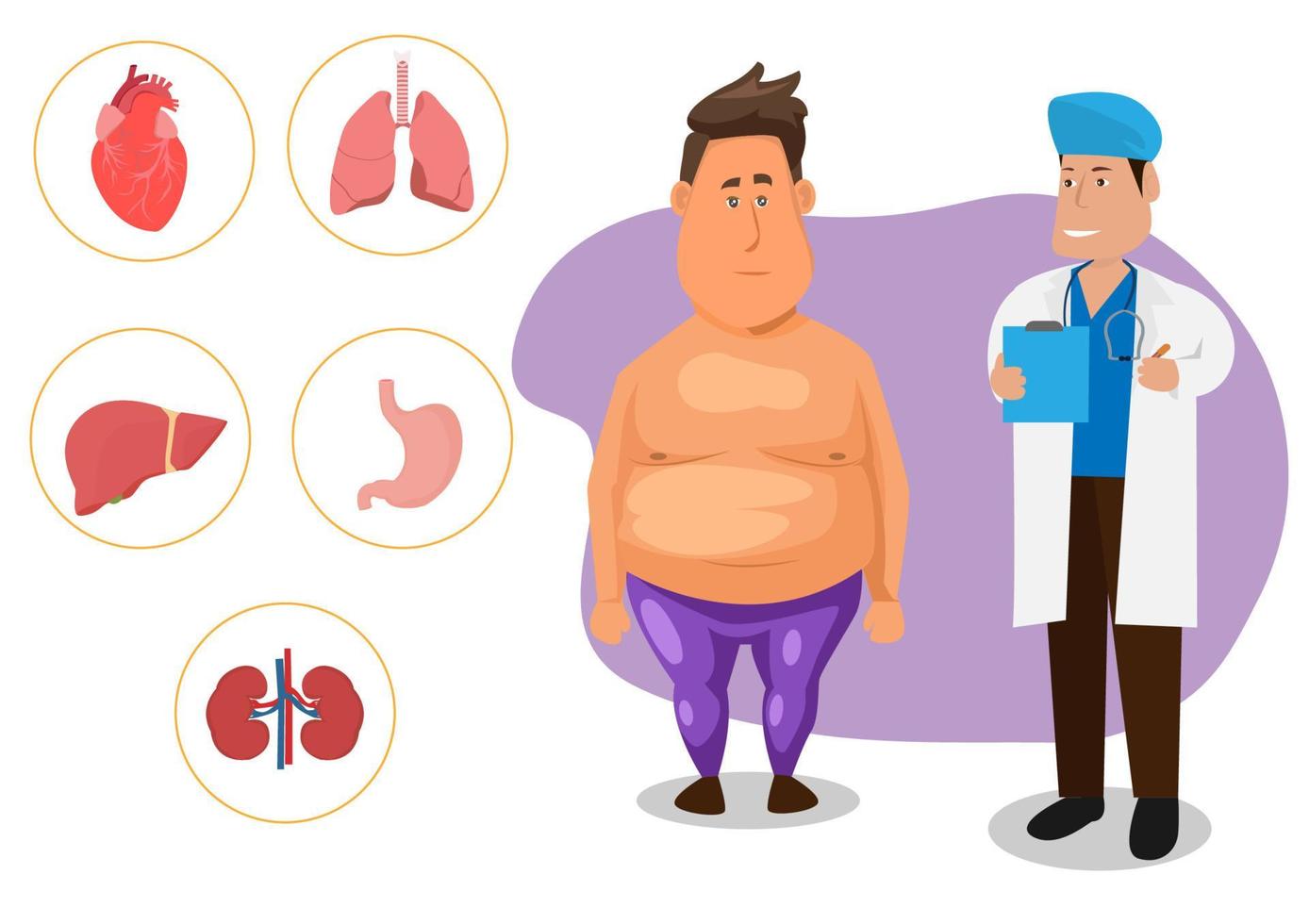 Obesity problems, medical counseling and diagnosis of overweight men. Negative effects of obesity on human health and visceral comparison flat style cartoon illustration vector