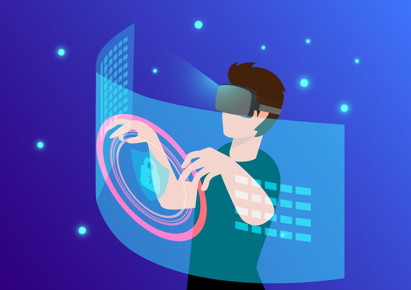 A young hacker wearing vr glasses stands to touch the interface in the virtual world. future technology flat isometric vector illustration