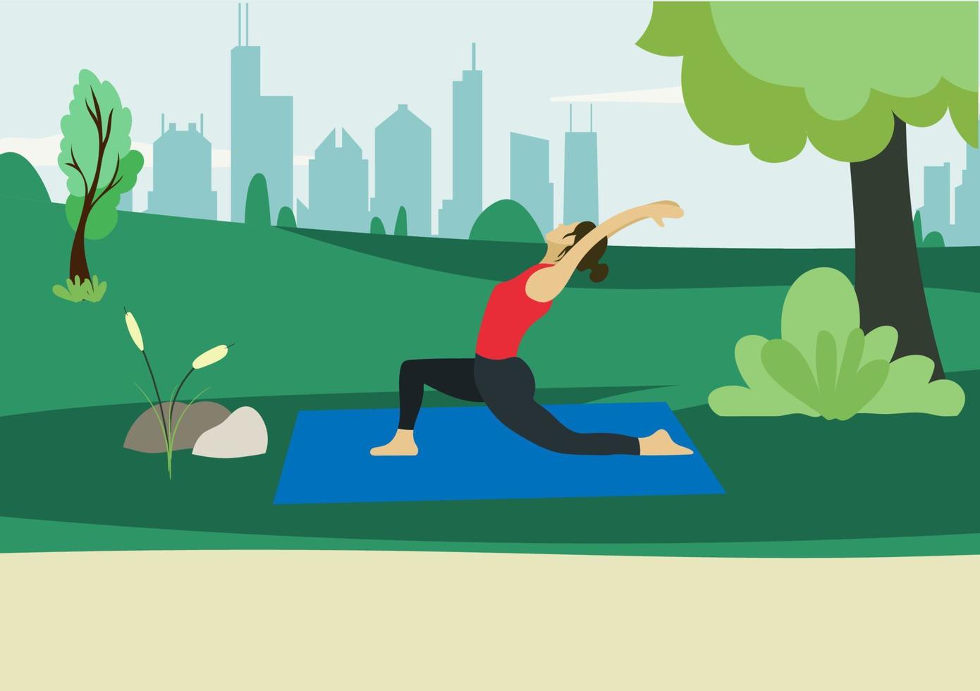 Young girl in yoga pose on open air. Exercise in a city park, trees and town on the background. Healthy lifestyle concept. Vector illustration in flat style.