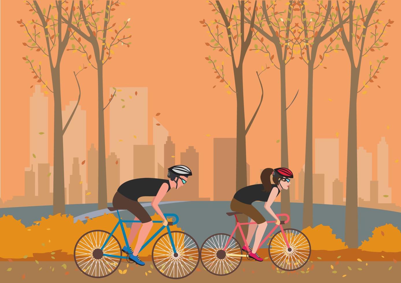 joven montando un ejercicio de bicicleta en el parque en otoño con las hojas cayendo al suelo. ilustración de dibujos animados de vector plano en concepto moderno