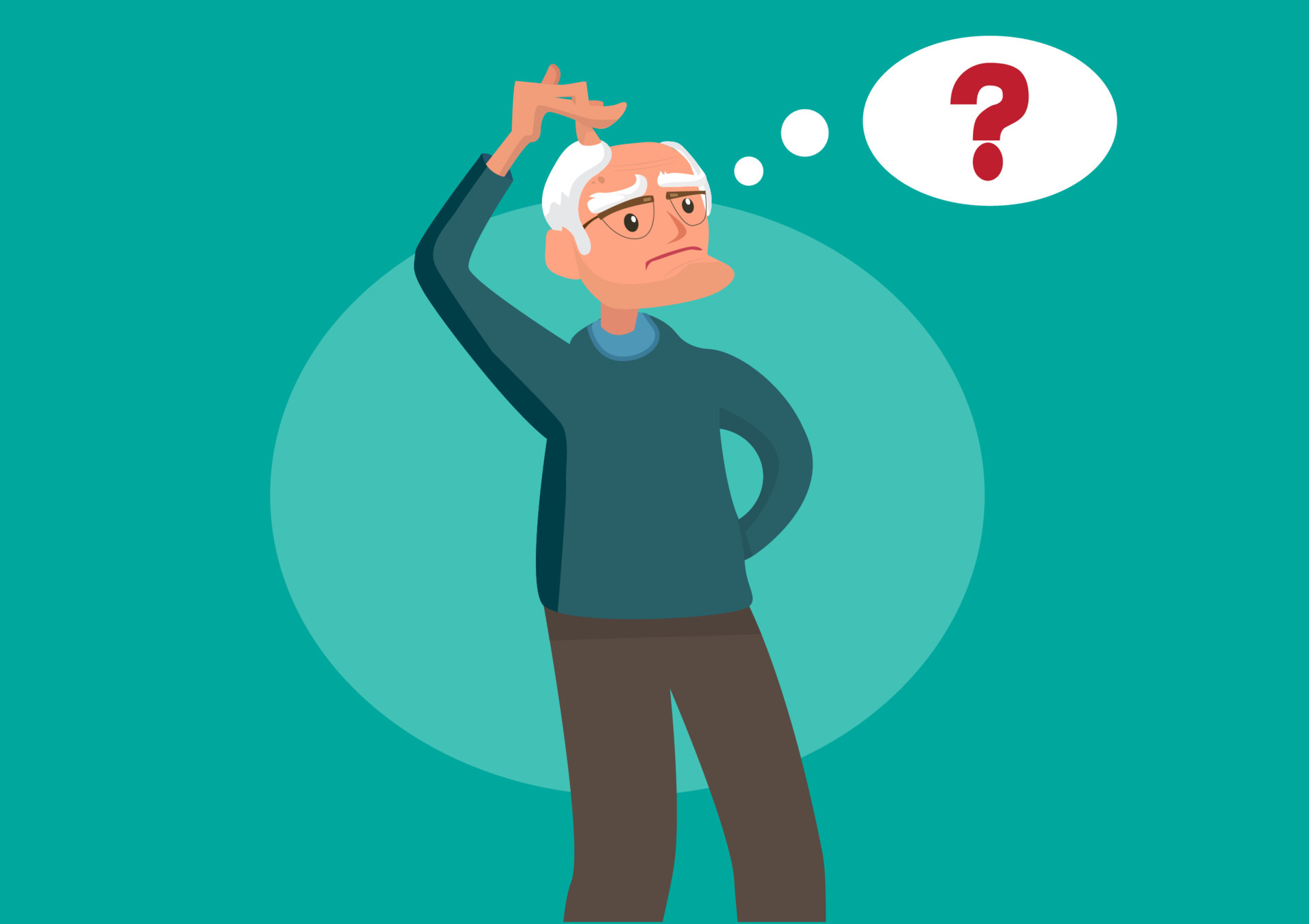 The old man scratched his head, contemplating what to do next. Old age  makes me obsessed Forgot what I did or haven't done it yet. flat style  cartoon vector illustration 5607870 Vector