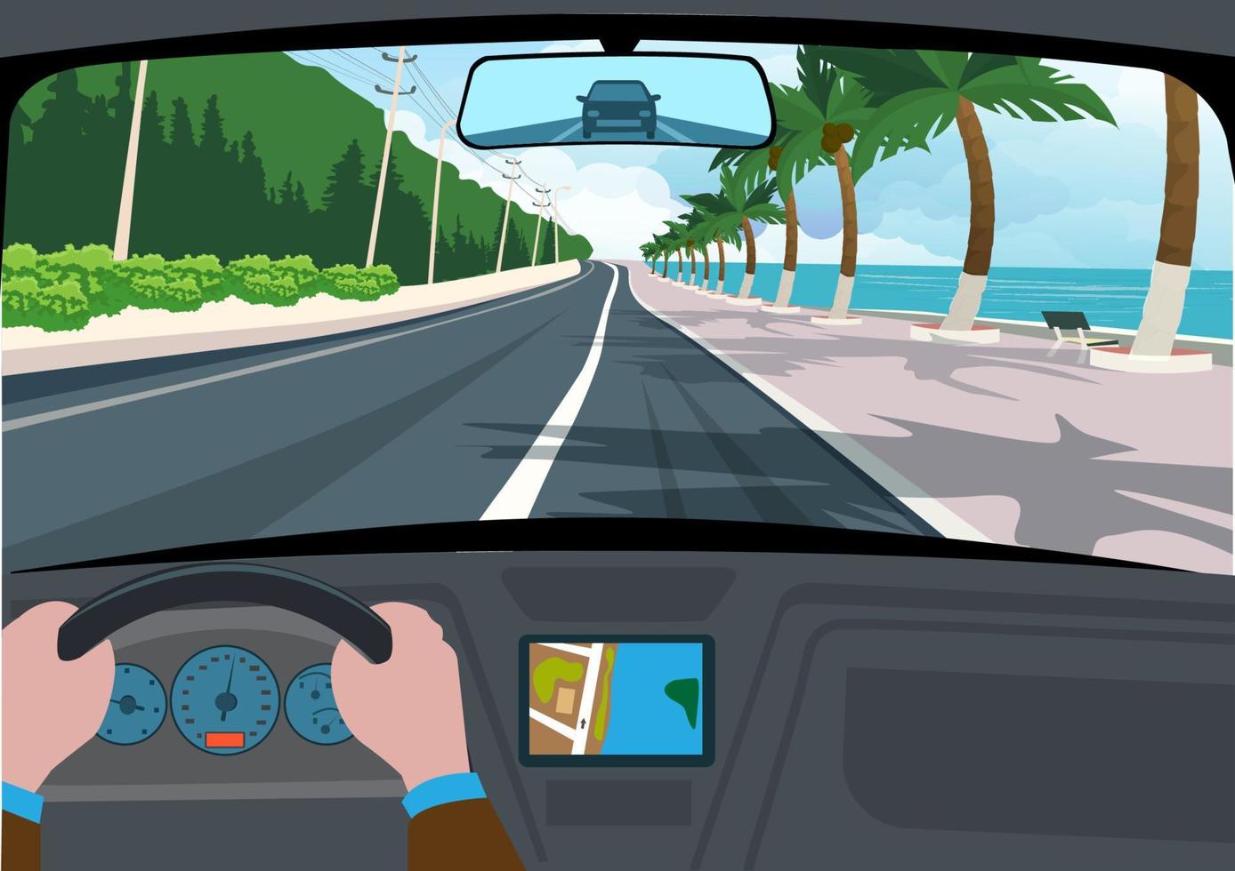 Beach sea view from inside the car through the windshield. vector cartoon scenery of highway, coastline