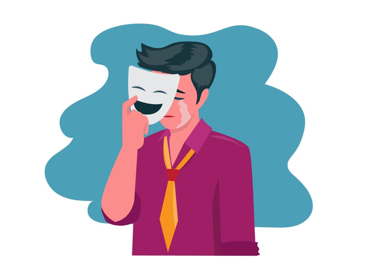 man wearing a mask with a smile but hide the real face that is crying in sorrow, flat style cartoon vector illustration