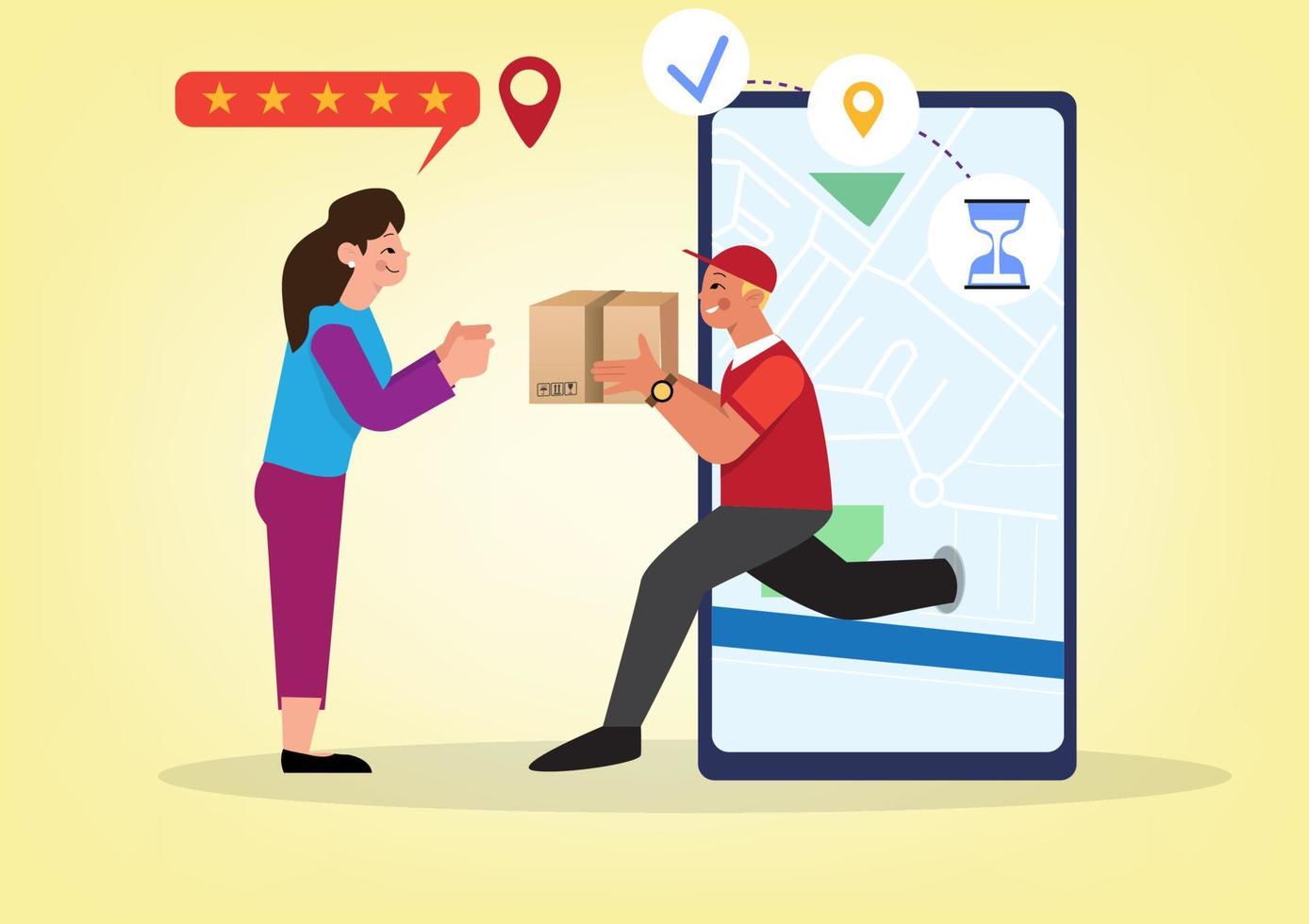 delivery service concept taking orders and fast delivery impress customers Evaluate 5 star service. Flat cartoon style vector illustration.
