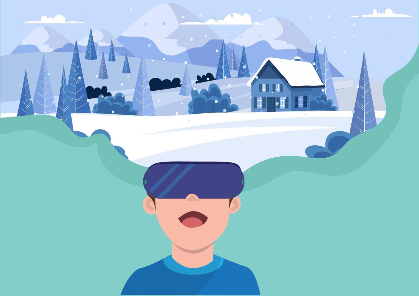 niño de vector estereoscópico de tecnología vr con auriculares vr viajando en la tierra nevada conceptos virtuales para educación y juegos