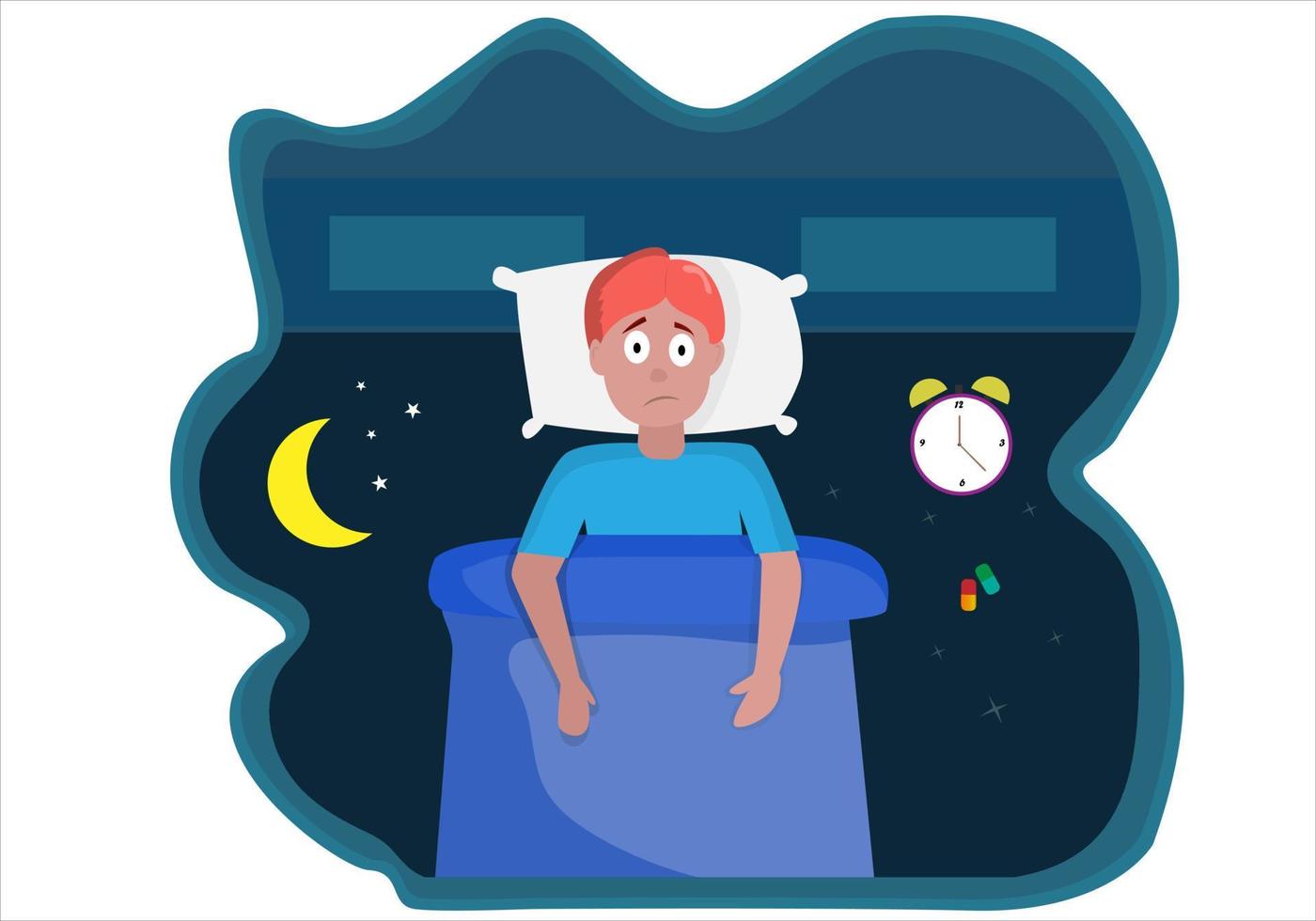 Health problems. Male characters can't sleep at night. make sick . vector illustration