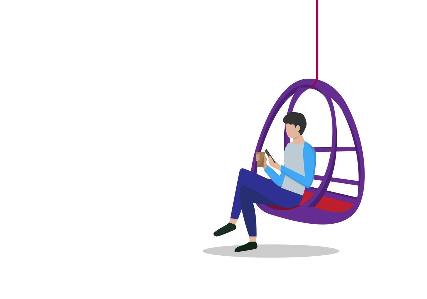 The young man sat on a comfortable hanging chair and communicated with his friends on the phone. vector