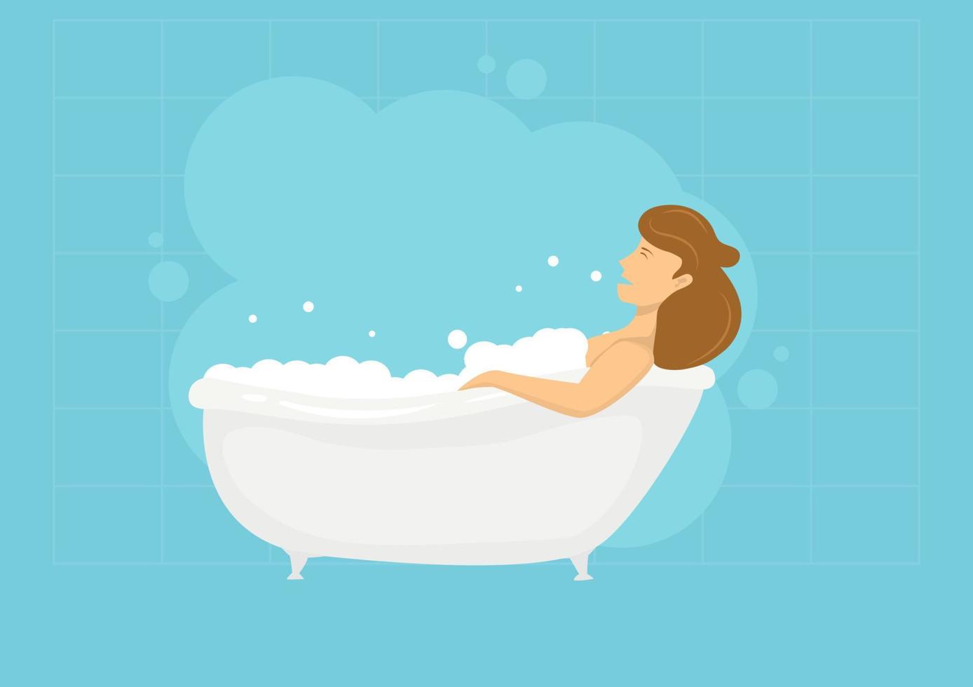 mujer tomando un baño lleno de burbujas de jabón ideas de diseño relajado. ilustración de dibujos animados plana. vector