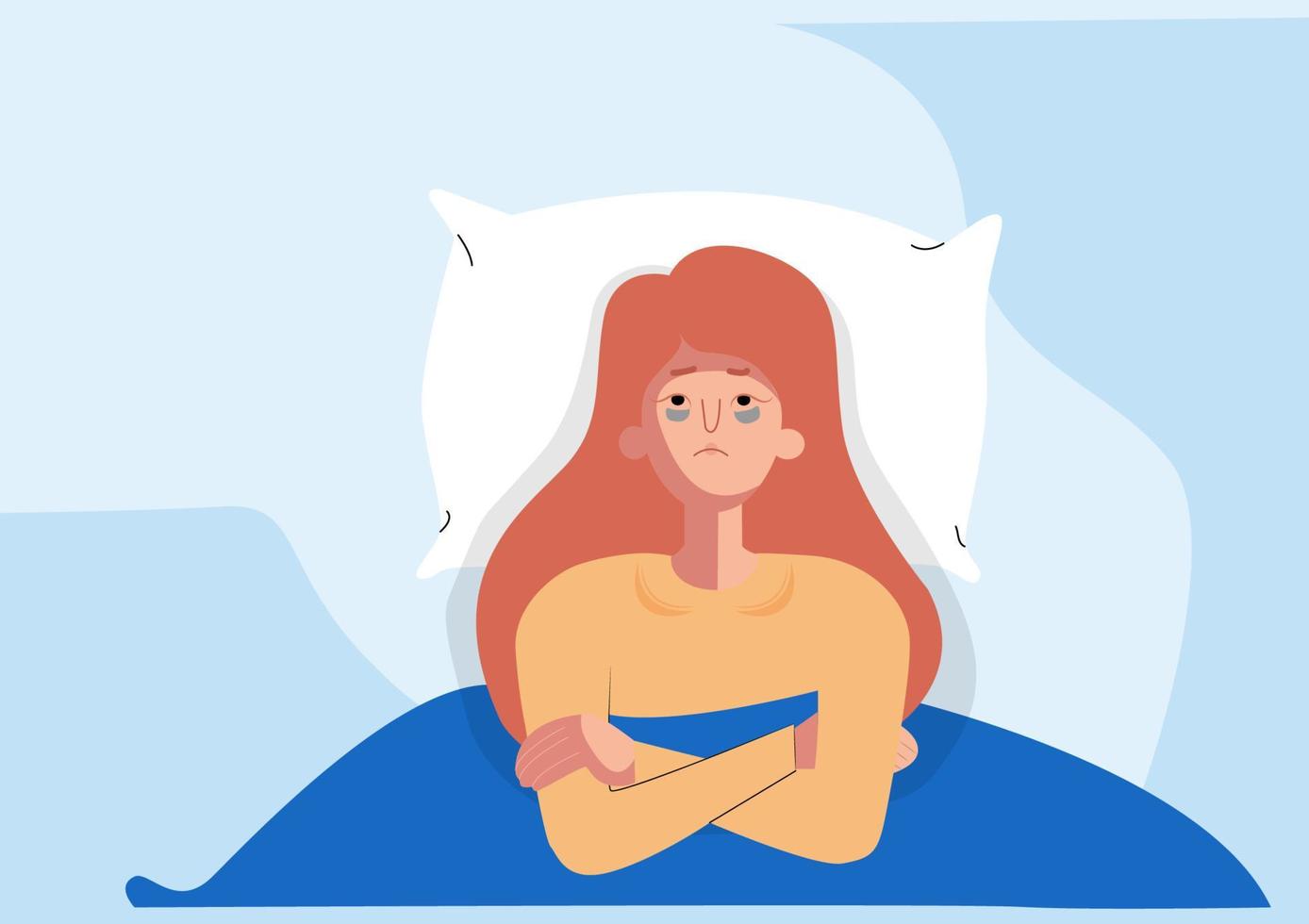 Sleepless girl suffers from insomnia. Woman in bed with open eyes in darkness night room. Flat cartoon style vector illustration.