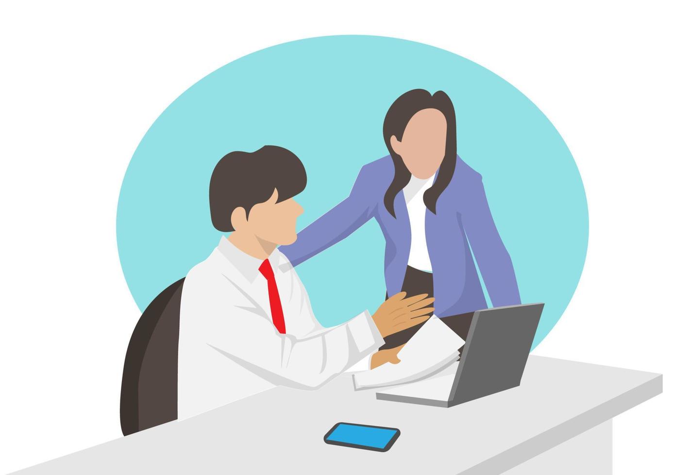 Female bosses and male employees discuss office work. Concept of work and business of an organization Executives sit at their desks. Vector illustration in cartoon style